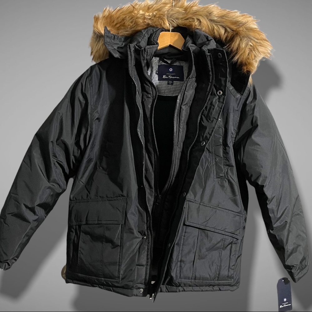 BEN SHERMAN BOYS BLACK HOODED PARKA WITH FAUX FUR TRIM - Picture 2 of 4